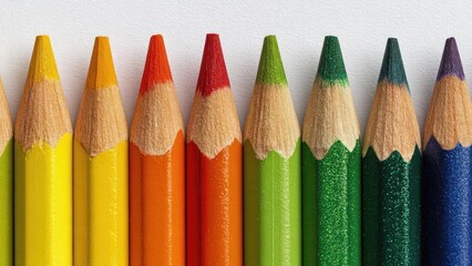 A row of sharpened colored pencils arranged in a rainbow from yellow to purple. Concept Colorful pencils in rainbow order, Sharp pencils still life, Art supplies close-up, Yellow to purple spectrum