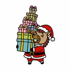 Cute Horse in Santa Costume Carrying a Pile of Christmas Presents with Happy Holiday Expression &ndash; Festive Character, Winter Celebration, Gift Giving &ndash; Vector Illustration