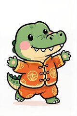 Fototapeta premium Adorable chibi Crocodile mascot with plump round face, big gleaming eyes, rosy cheeks, soft brush line art, dressed in orange New Year outfit with lucky symbols, cute playful stance, white background