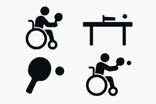 Inclusive table tennis icons: wheelchair accessibility and sports equipment