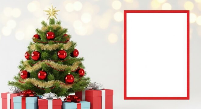 Festive christmas tree, presents, bokeh lights, and a blank red frame