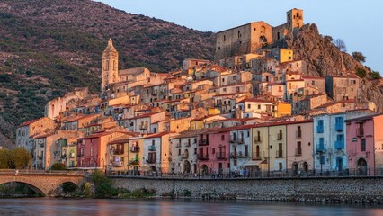Colorful hillside town along a river, with a stone arch bridge and a tall church bell tower above the colorful houses. Concept Colorful hillside town, River with stone arch bridge