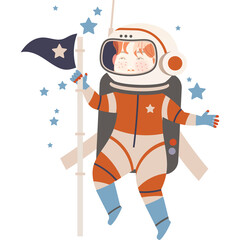 Pixel Art Child Astronaut Floating In Space Holding A Flag With A Star While Surrounded By Stars And Cosmic Elements With A Transparent Background And Retro Sci Fi Vibe