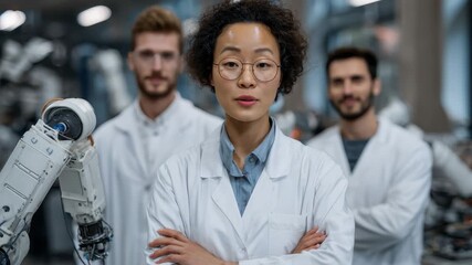 Multi ethnic team of male and female scientists collaborating in a futuristic research facility focused on robotics innovation and development - Powered by Adobe