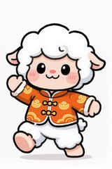 Obraz premium Adorable chibi Sheep mascot with plump round face, big gleaming eyes, rosy cheeks, soft brush line art, dressed in orange New Year outfit with lucky symbols, cute playful stance, white background