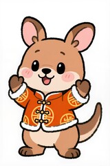 Adorable chibi Kangaroo mascot with plump round face, big gleaming eyes, rosy cheeks, soft brush line art, dressed in orange New Year outfit with lucky symbols, cute playful stance, white background