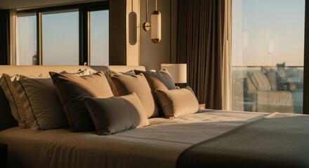 hotel room interior with a bed and Kushans reflection of sunlight passing through window 