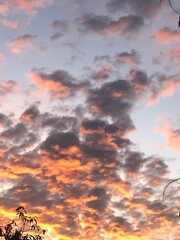 sunset in the clouds, gllomy sky with dark gray clouds	