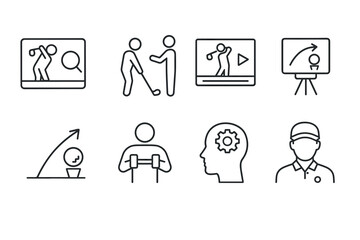 Linear golf coaching icons: training, technique, and improvement symbol pack