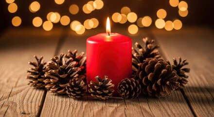 Festive red candle with pinecones on rustic wood, warm bokeh lights.