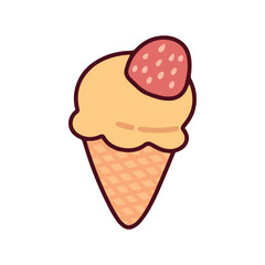 A vanilla ice cream cone topped with a fresh whole strawberry. A classic frozen dessert served in a crispy waffle horn, perfect for hot summer days.