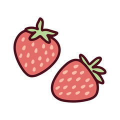 Two fresh red strawberries with green leaves. Juicy and ripe garden berries rich in vitamins, representing healthy eating and summer freshness.