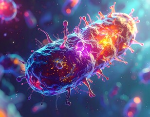 Microscopic view of a glowing, colorful virus cell