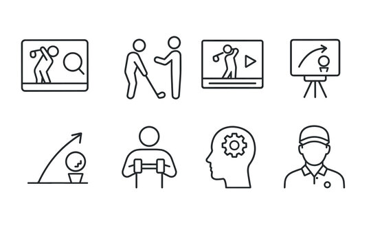 Linear golf coaching icons: training, technique, and improvement symbol pack