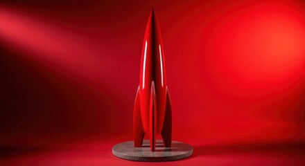 Sleek red rocket model on a round stone base, representing startup success