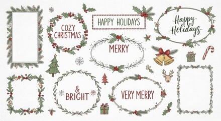 Hand-drawn festive christmas elements: frames, wreaths, holly, tree.
