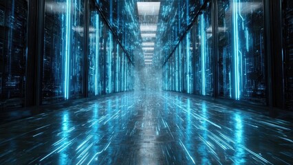 Futuristic data center corridor with rows of server racks bathed in blue neon light. Concept Futuristic Data Center, Neon Blue Lighting, Server Rack Corridor, Cyberpunk Tech Aesthetic