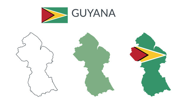 Guyana geographical borders isolated on white background. Flag of Guyana. Vector flat cliparts.