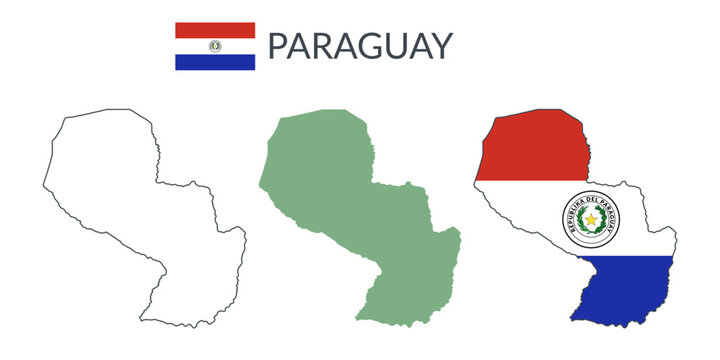 Paraguay geographical borders isolated on white background. Flag of Paraguay. Vector flat cliparts.