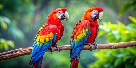 Obraz premium Two parrots are perched on a branch