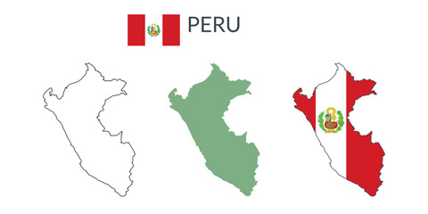 Peru geographical borders isolated on white background. Flag of Peru. Vector flat cliparts.