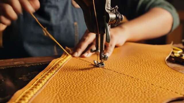 Closeup of artisan hands using a vintage sewing machine to stitch a piece of textured yellow leather in a workshop setting - Powered by Adobe