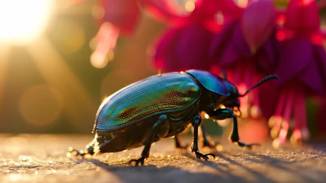 夕焼けに輝くサファイア玉虫の微速度回転マクロ撮影
