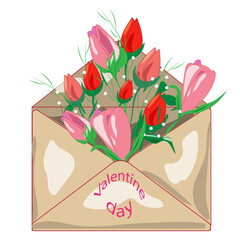 Envelope with flowers for Valentine's Day.  Vector illustration on an isolated  background. A gift with love. Template for greeting cards, postcards, and covers.

