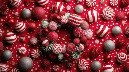Red and white Christmas ornaments and peppermint candy spheres arranged around a wreath on a red dotted background. Concept Christmas Ornaments, Peppermint Candy Spheres, Wreath Arrangement