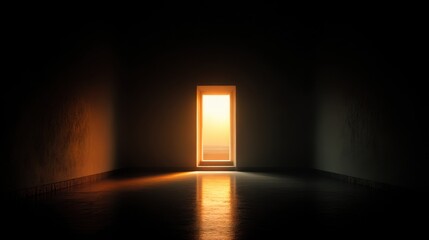 Doorway to light in a dark room at sunset revealing a serene and contemplative atmosphere