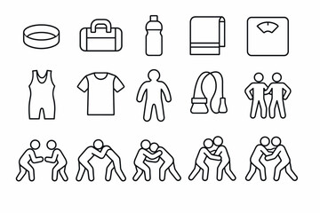 Wrestling and fitness icons: linear outline sports equipment and activity set
