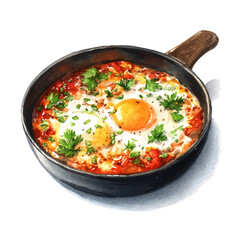 Shakshuka in watercolor painting style, vector illustration on white background.