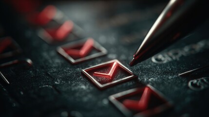 Red check marks on a checklist being marked with a shiny pen during a focused writing session in a dimly lit room
