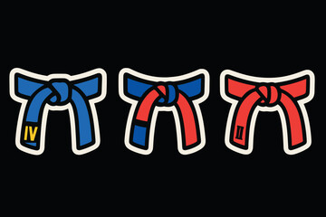 Colorful martial arts belts with roman numerals on black background