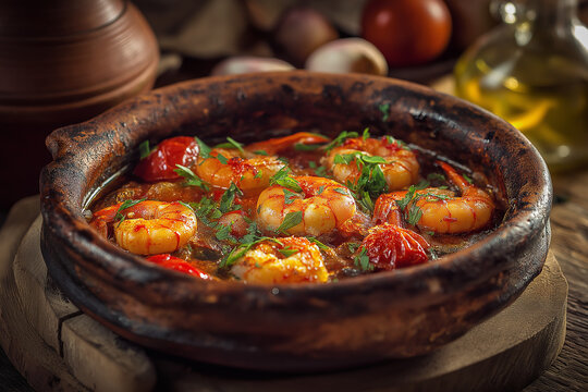 Traditional Turkish karides g&uuml;ve&ccedil;, shrimp baked with tomatoes, peppers, garlic, and herbs