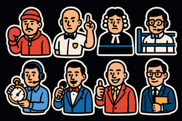 Colorful cartoon icons of diverse professions with bold outlined styles
