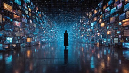 A person in a black coat stands in a futuristic hall lined with glowing blue screens. Concept Futuristic Hall, Glowing Blue Screens, Black Coat, Sci-Fi Portrait, Modern Fashion