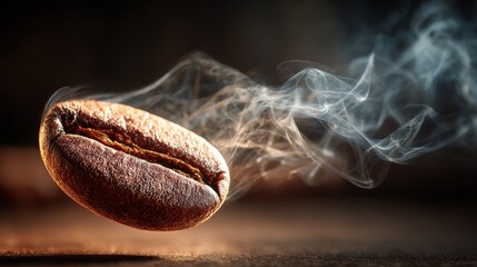 Coffee bean releasing aromatic smoke in a tranquil setting during early morning