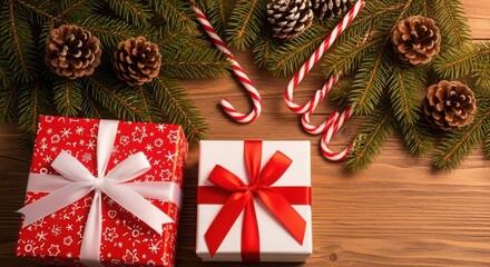 Christmas gifts, pine branches, candy canes, and pine cones on wood