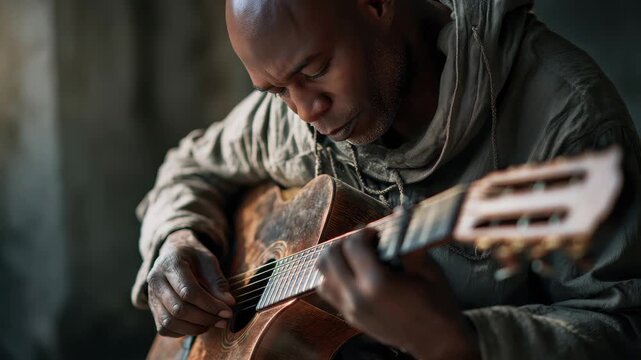 Music therapy session featuring an African American man playing acoustic guitar indoors, focusing on emotional expression and skill at an undefined time