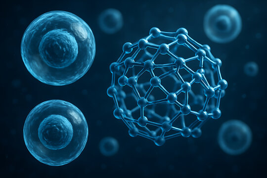 Abstract rendering of spherical cells and polygon nanostructure highlighting biotechnology innovation and healthcare advances
