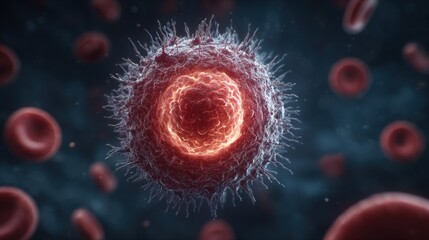 Close-up view of a human cell surrounded by red blood cells in a microscopic setting