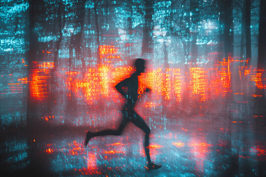 Generative AI glitch art of person silhouette against urban lights and digital rain in abstract futuristic style - Powered by Adobe