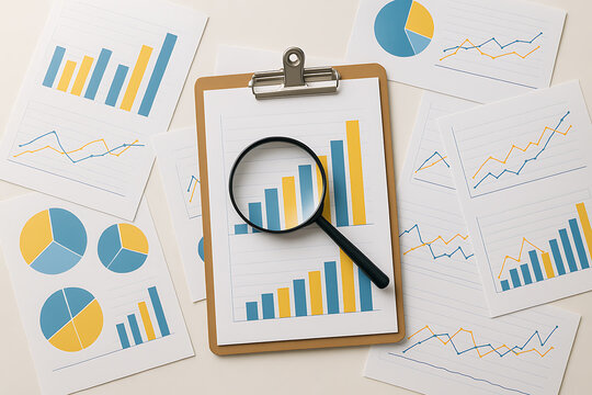 Business analytics and financial report concept with clipboard magnifying glass and paper charts showing data statistics and market research