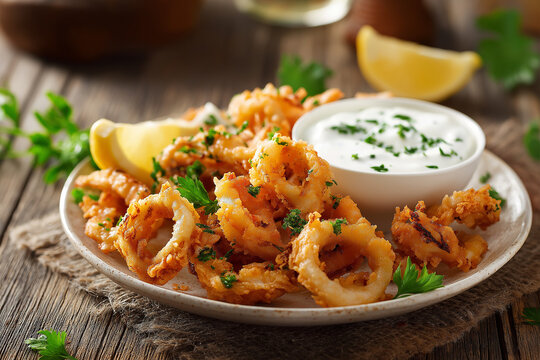 Turkish kalamar tava, crispy golden fried calamari rings, served with garlic yogurt sauce and lemon