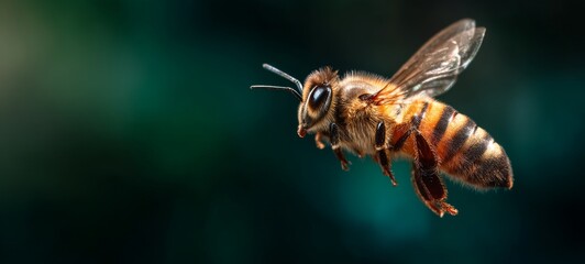 Macro of a bee flying isolated over a blurred natural background with space at top for text or heading, high-resolution, detailed, nature photography