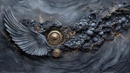 A detailed, textured dark background featuring a prominent grey steampunk wing on the left, adjacent to a golden clock mechanism and gears, with a rough, rocky