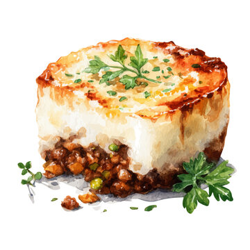 Shepherds Pie in watercolor style, vector illustration, isolated on white background.