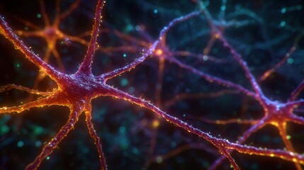 Neural connections illuminated in a detailed close-up view of neurons at night showcasing their intricate structure and activity