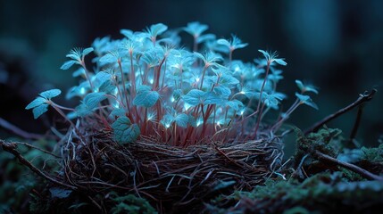 Glowing mushrooms create an enchanting scene in a forest during twilight